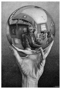 Mano con sfera riflettente, litografia.1935.